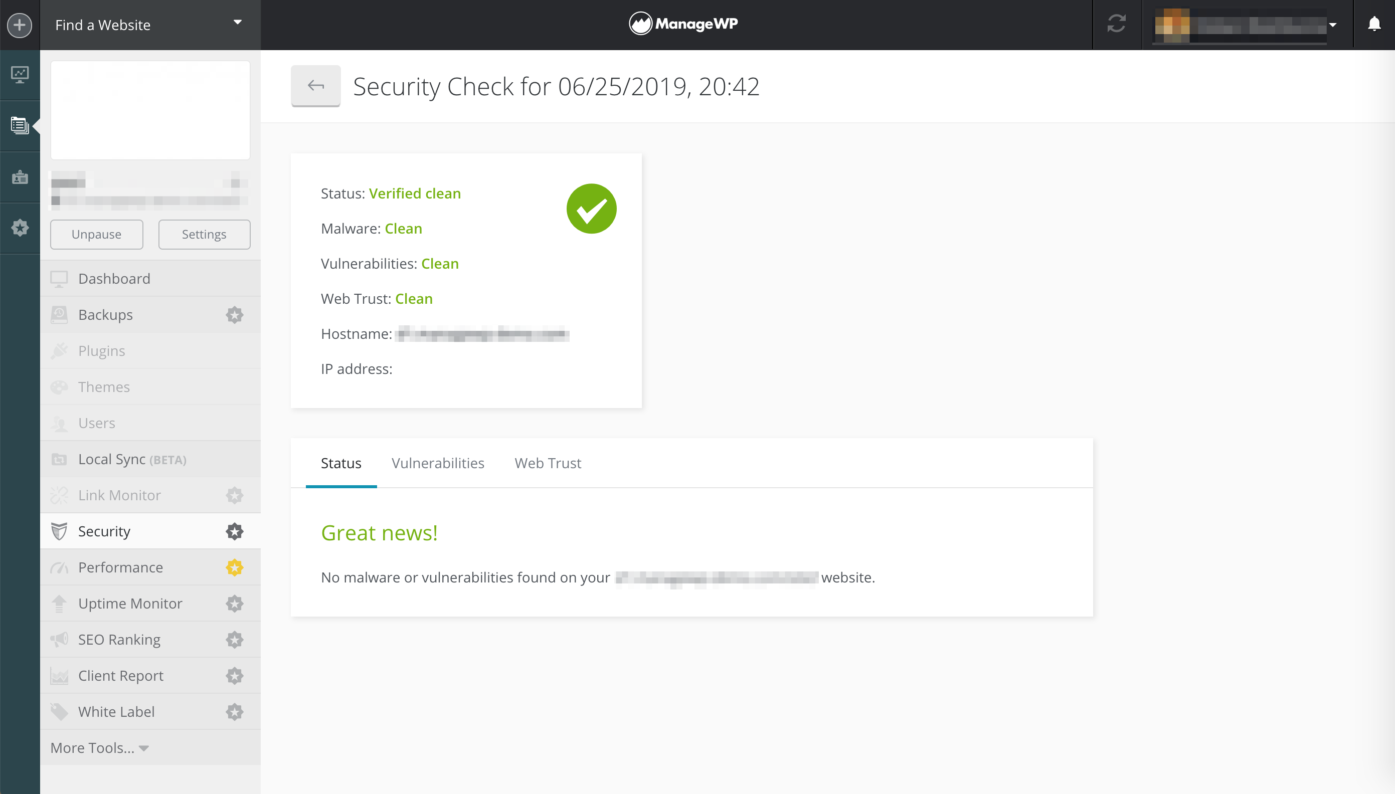 The results of a security check in ManageWP.