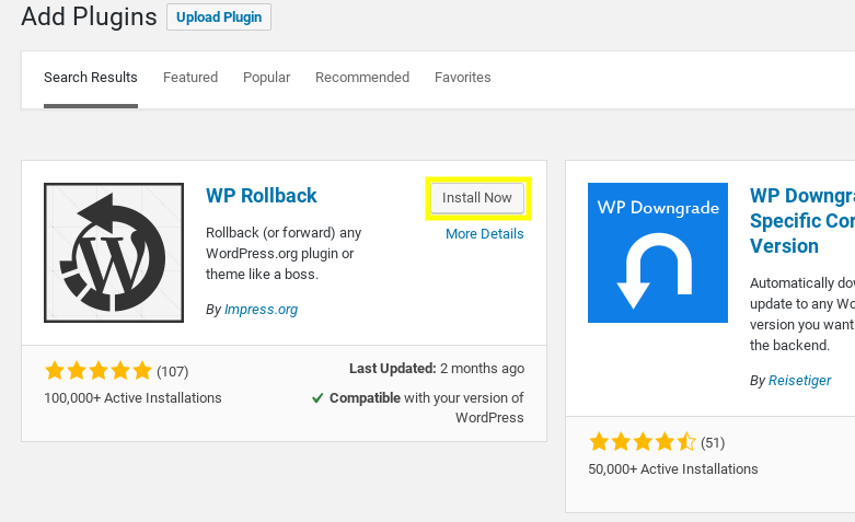 Downloading the WP Rollback plugin.
