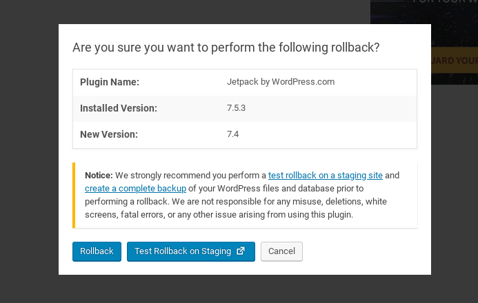 A plugin rollback confirmation.