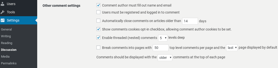 Comments settings in WordPress.