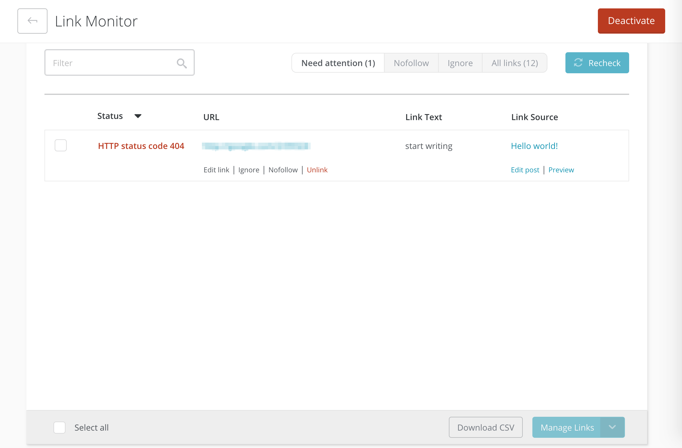 The actions available for resolving broken links in the ManageWP Link Monitor.