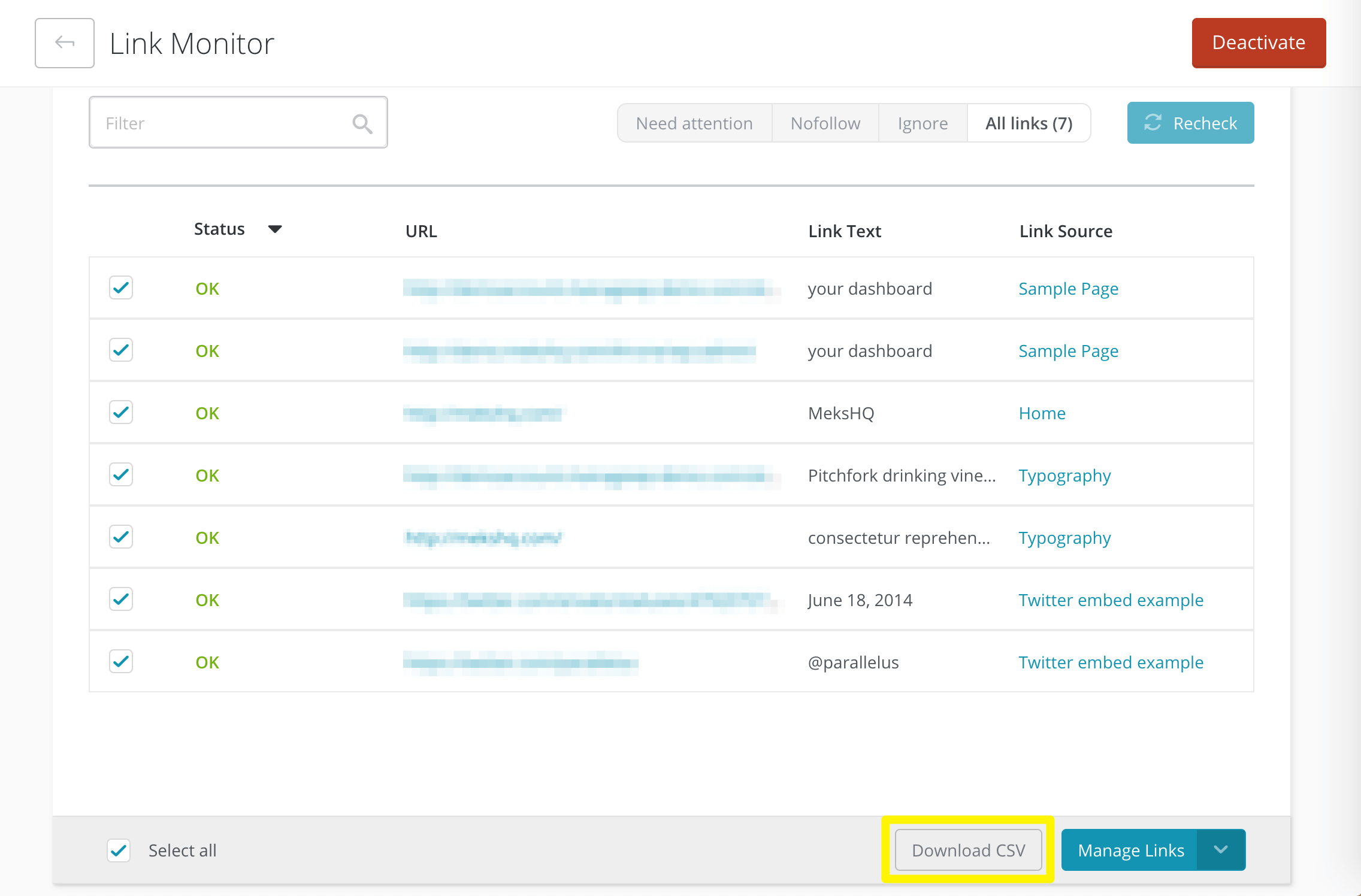 The Link Monitor Download CSV button.