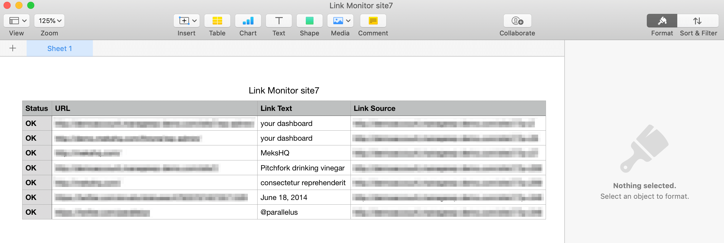 An example of a CSV file created with the ManageWP Link Monitor.