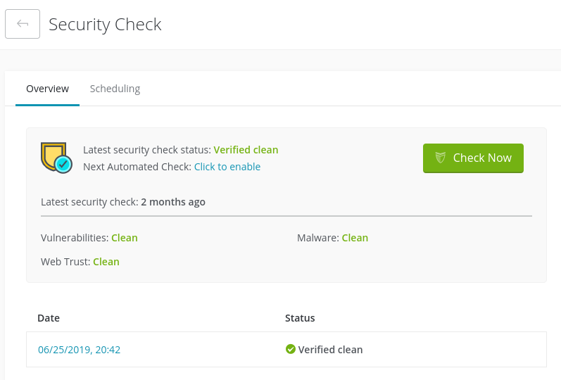 Security Check update on ManageWP dashboard.
