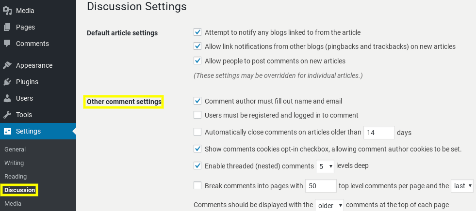 The Discussion Settings in WordPress dashboard.