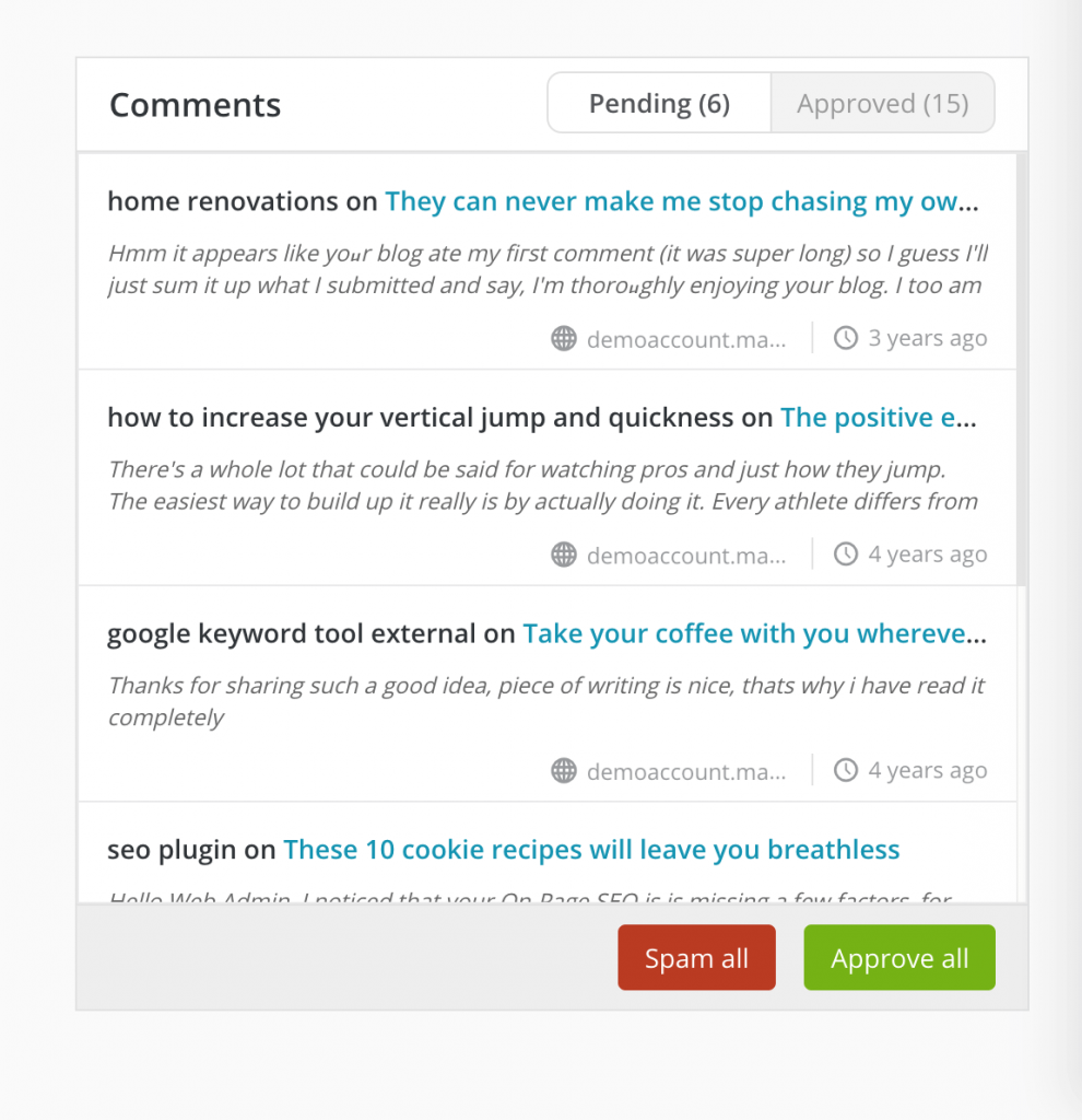 The Comments widget in the ManageWP dashboard.
