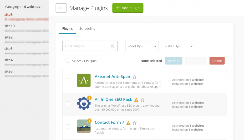 Managing plugins in the ManageWP dashboard.