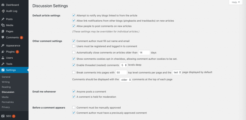 The WordPress Discussion settings.