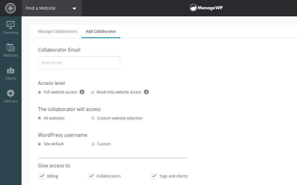 The ManageWP Collaborate feature.