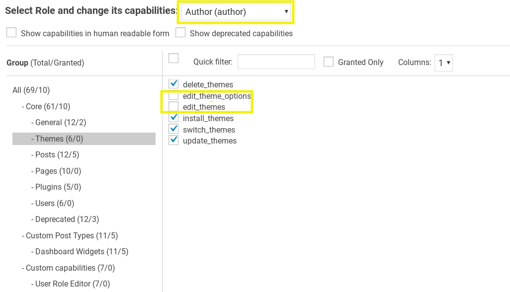 The User Role Editor plugin screen to edit theme capabilities.