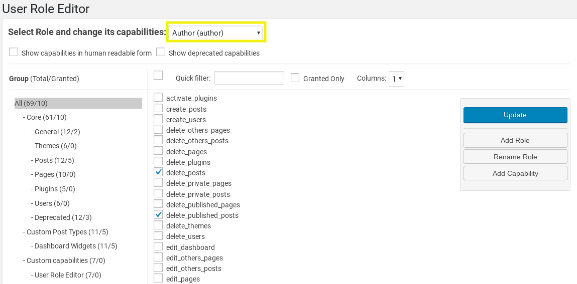The User Role Editor plugin capabilities screen in WordPress.