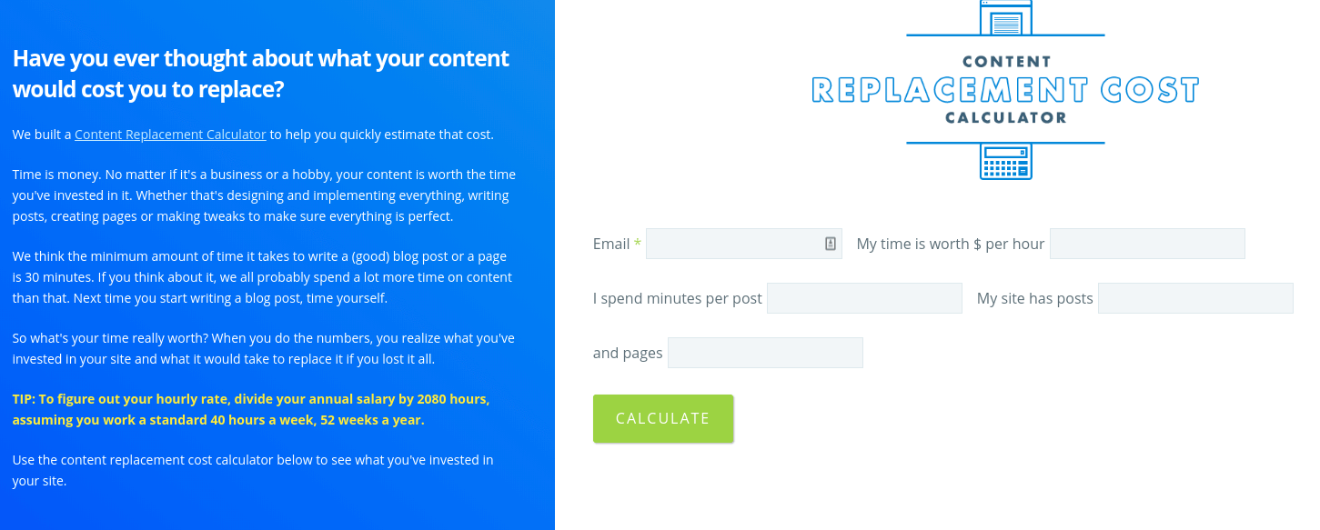 iThemes' Content Replacement Cost Calculator.