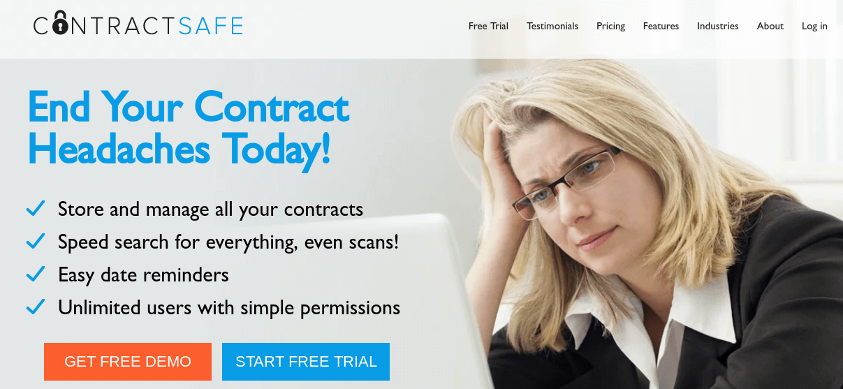 The ContractSafe website homepage.