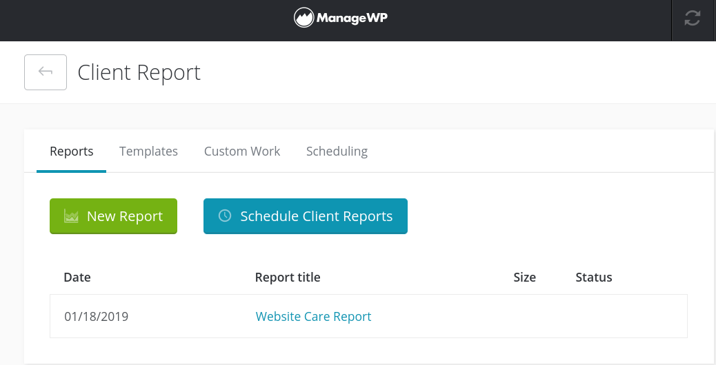 ManageWP Client Report dashboard.