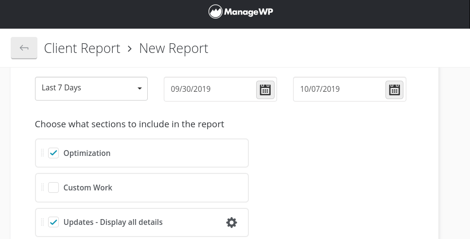 The ManageWP Client Report dashboard.