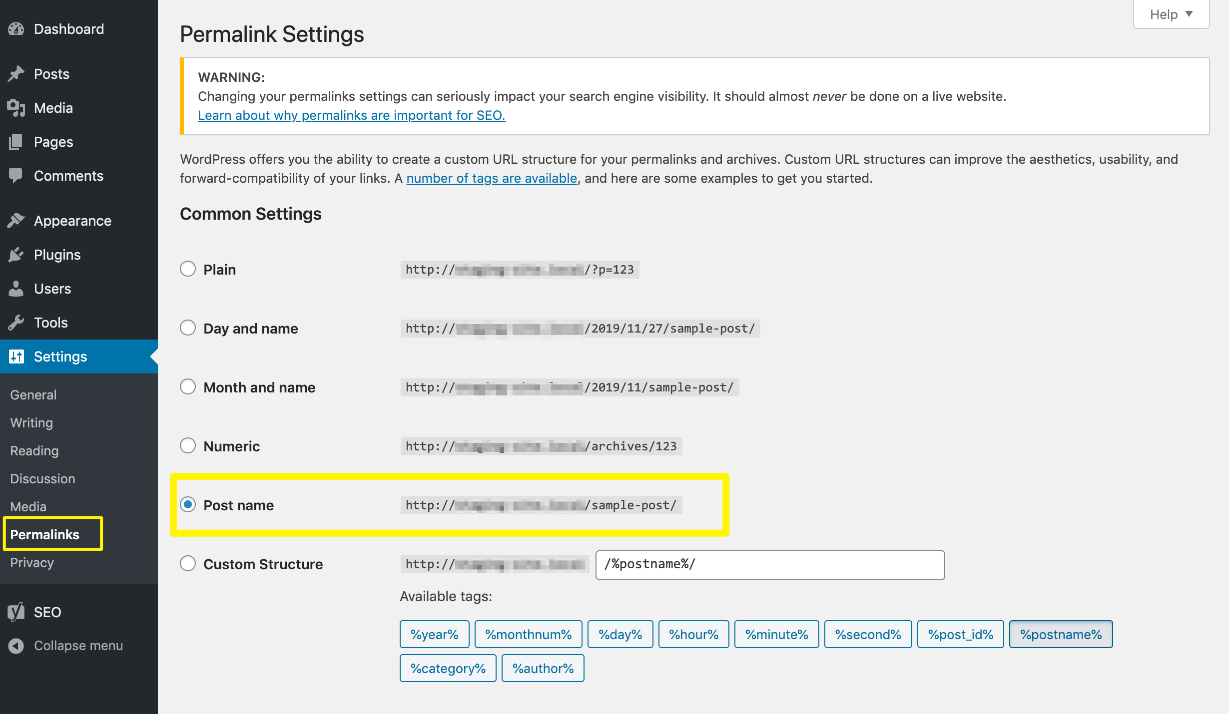 Changing the WordPress permalink settings.