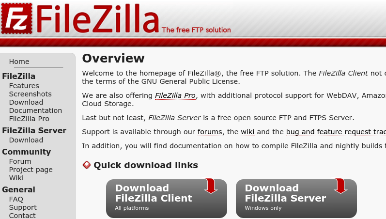 FileZilla download options.
