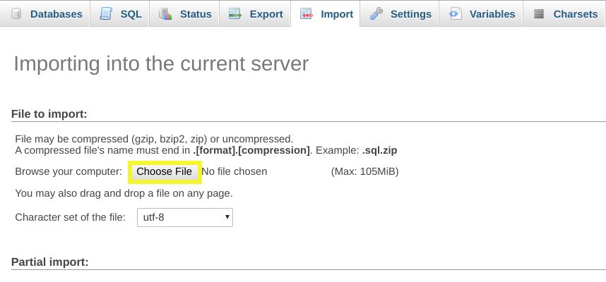 Selecting the backup database to Import into phpMyAdmin.