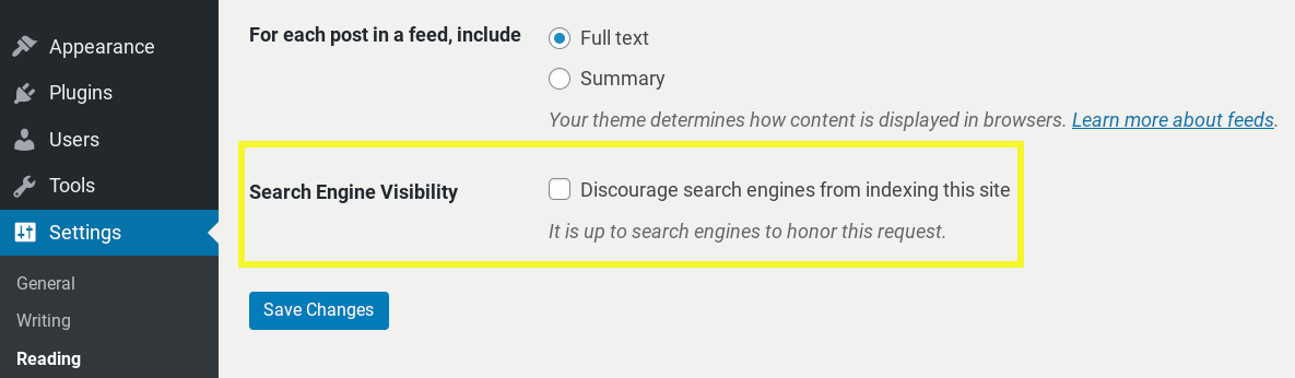 WordPress search engine visibility settings.