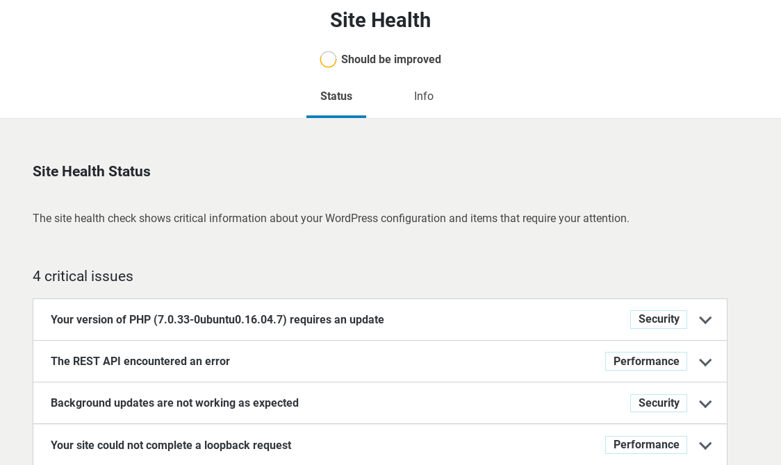 Site Health status report in WordPress dashboard.