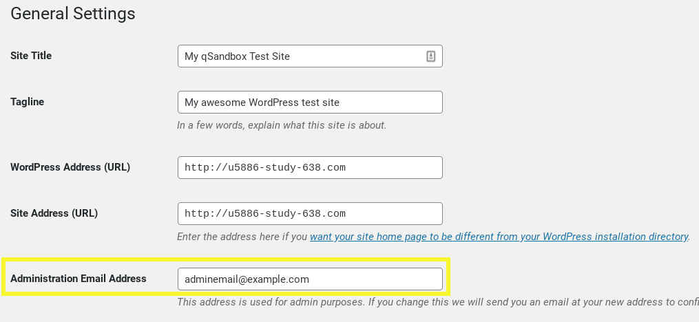 WordPress administration email settings.