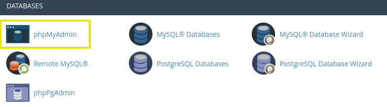 The phpMyAdmin button from cPanel dashboard.