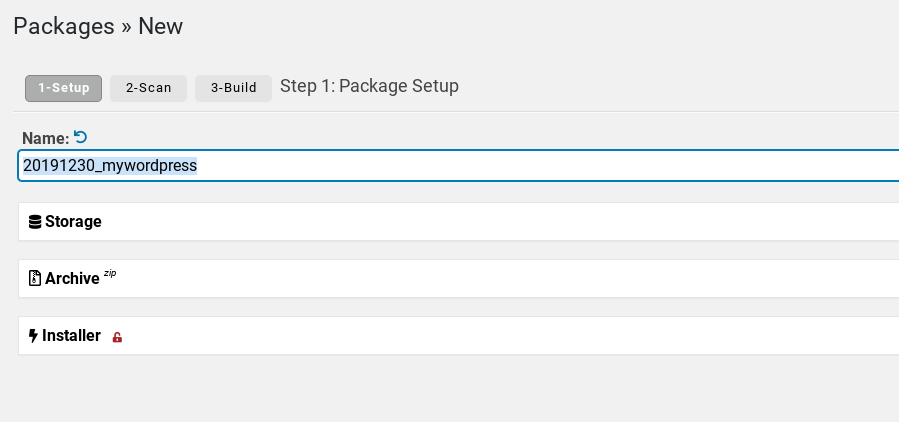 The Package Setup page on the WordPress Duplicator plugin.
