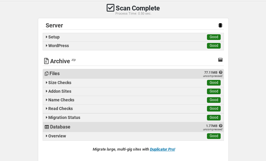 The Scan status of the Duplicator plugin.