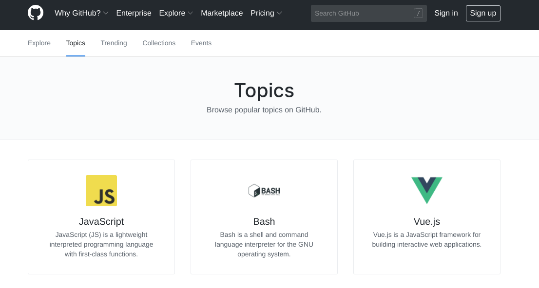 The Topics page on the GitHub website.