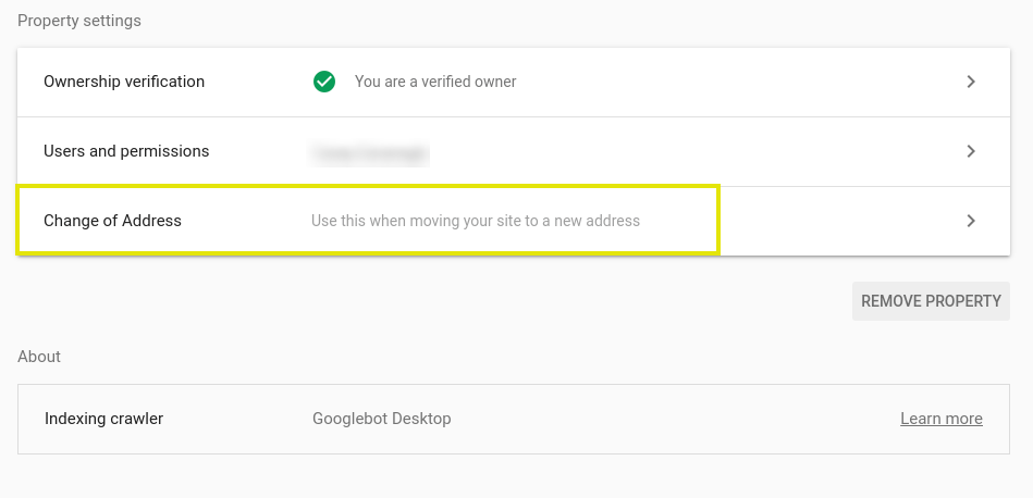 The option to change an address in Google Search Console.