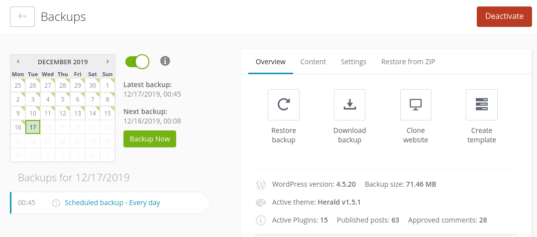 Backups from the ManageWP dashboard.