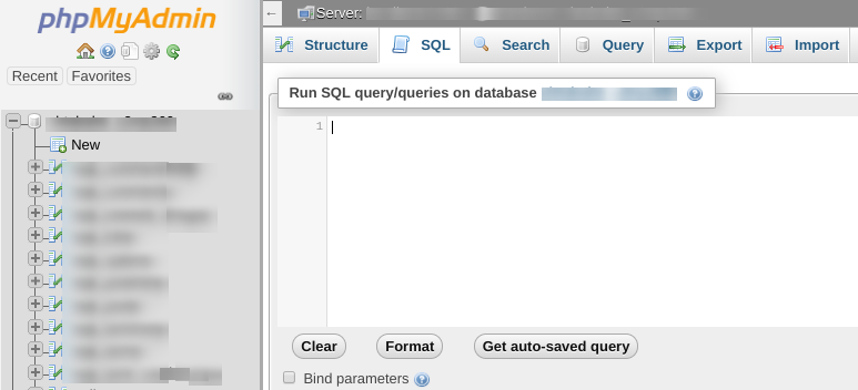 The SQL query window in phpMyAdmin.