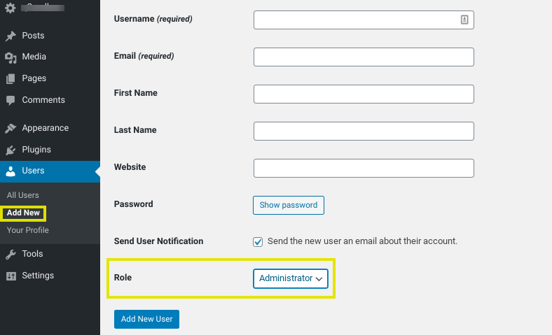 The Add New User page on WordPress dashboard.