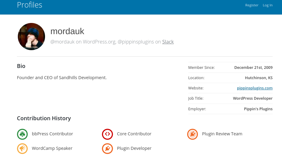 A WordPress Contributor profile with badges.