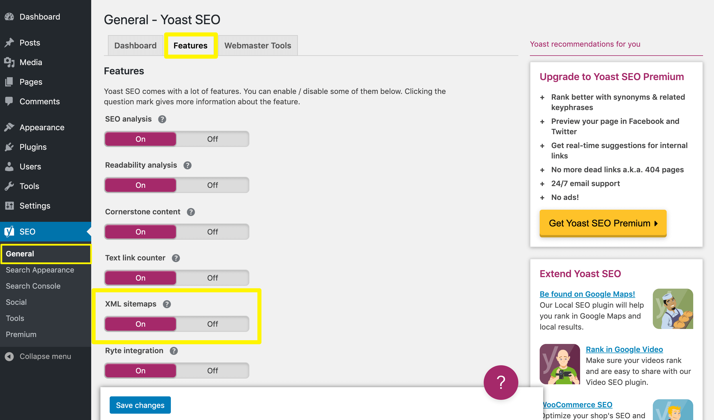 The Yoast SEO sitemap setting.