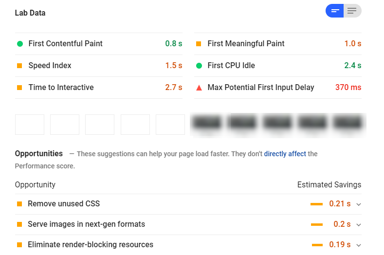 The report results from Google PageSpeed Insights.