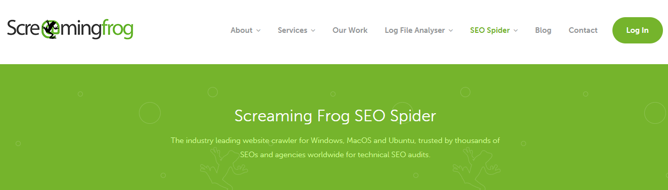 The homepage of the Screaming Frog website.