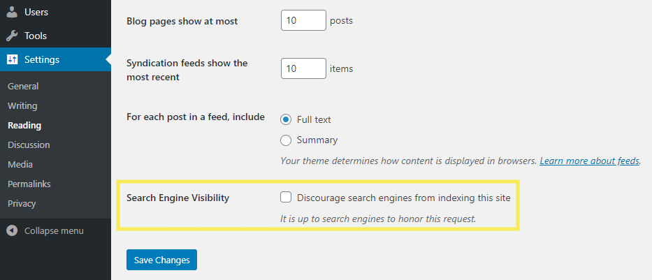 The search engine visibility settings in WordPress.