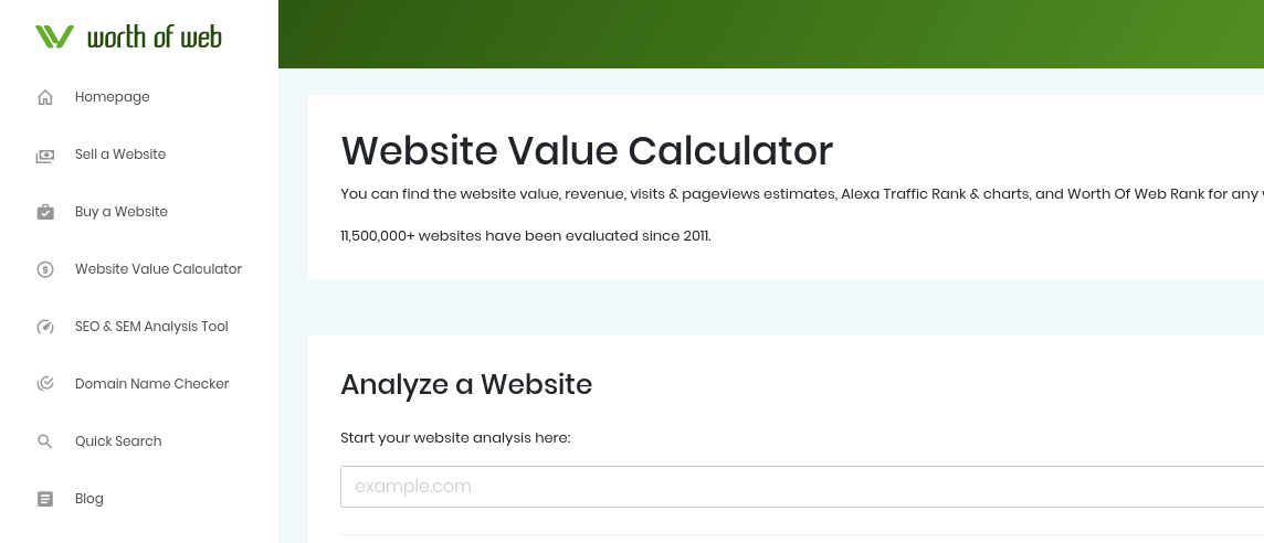 The website value calculator tool on Worth of Web.