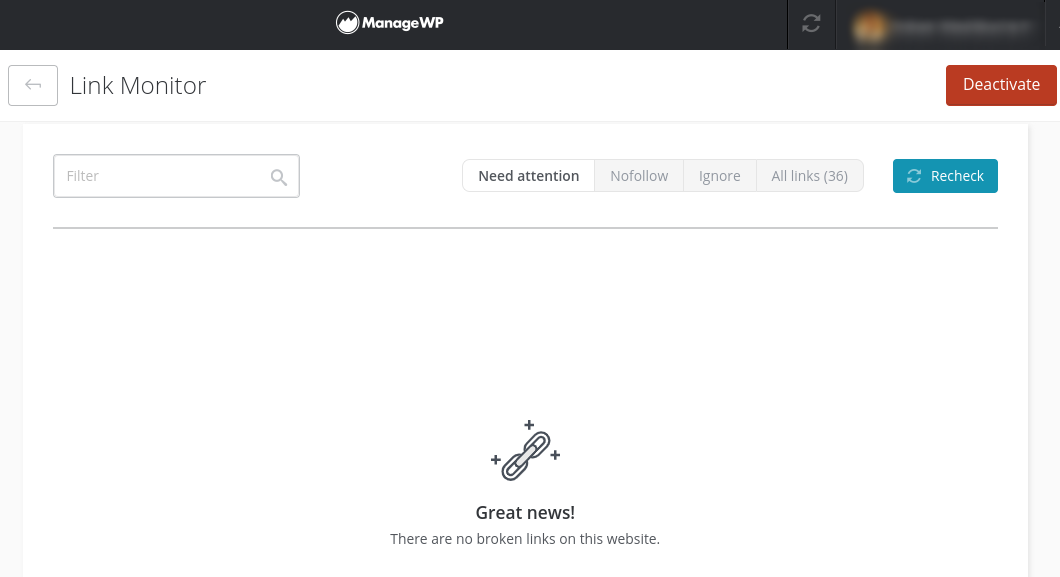 The ManageWP Broken Link Checker tool dashboard.