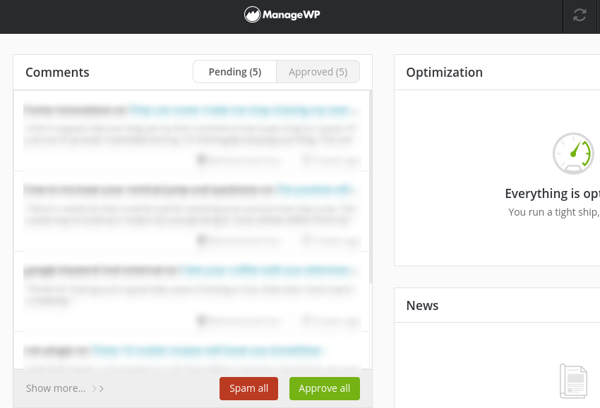 The comment management tool in the ManageWP dashboard.