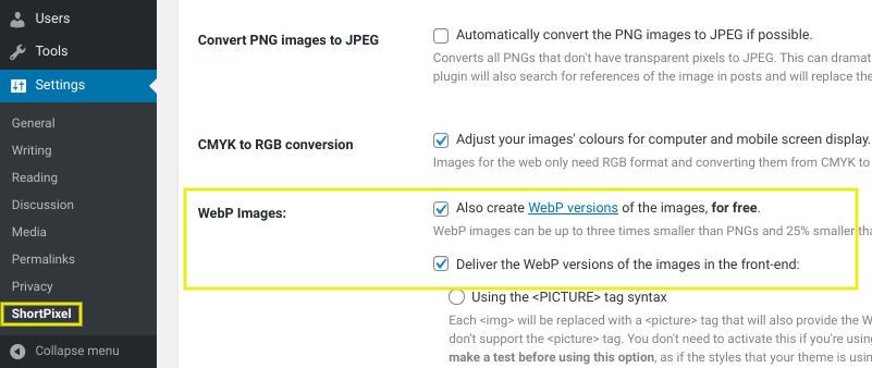 The settings page on the ShortPixel Image Optimizer WordPress plugin.