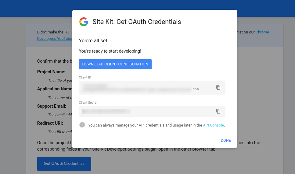 The client credential download page on Google Site Kit.