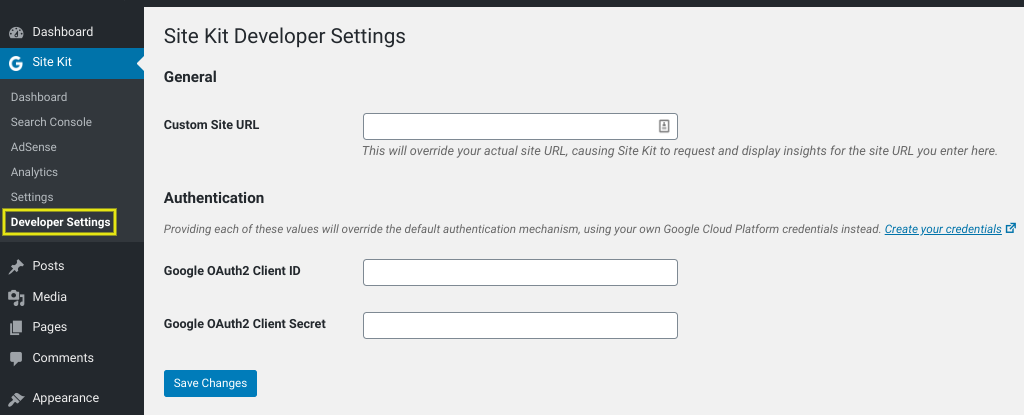 The Site Kit Developer settings page in the Google WordPress plugin.