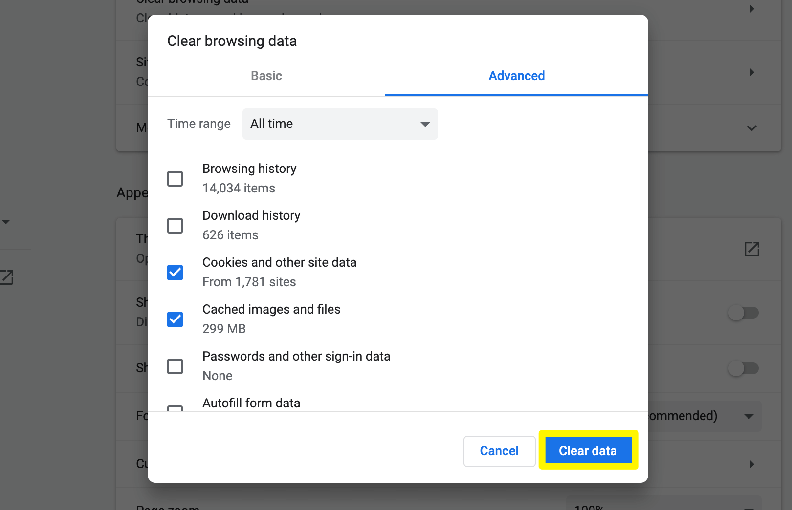 Clearing the Chrome browser cache and cookies.