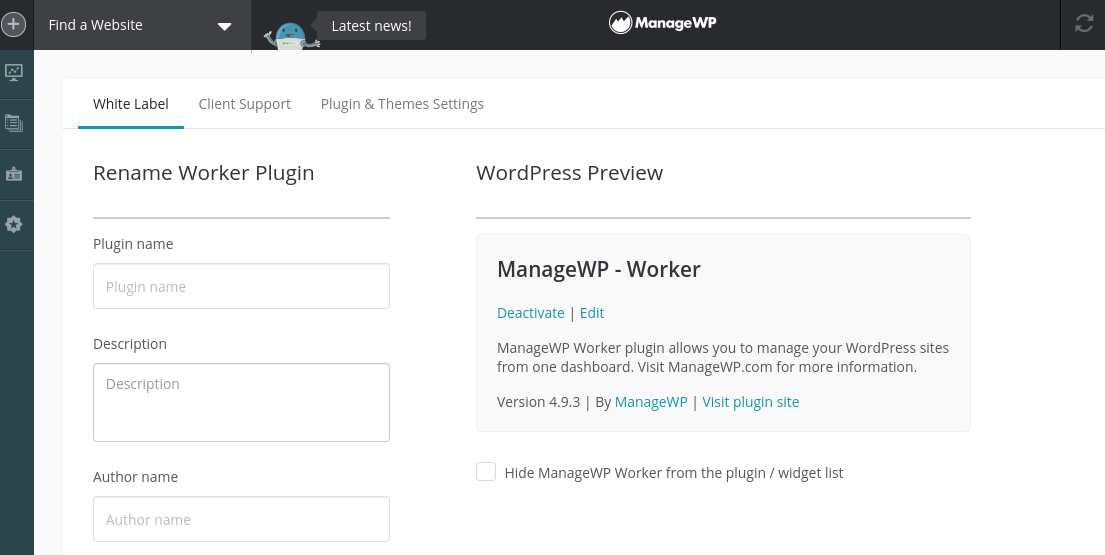 The White Label feature in the ManageWP dashboard.