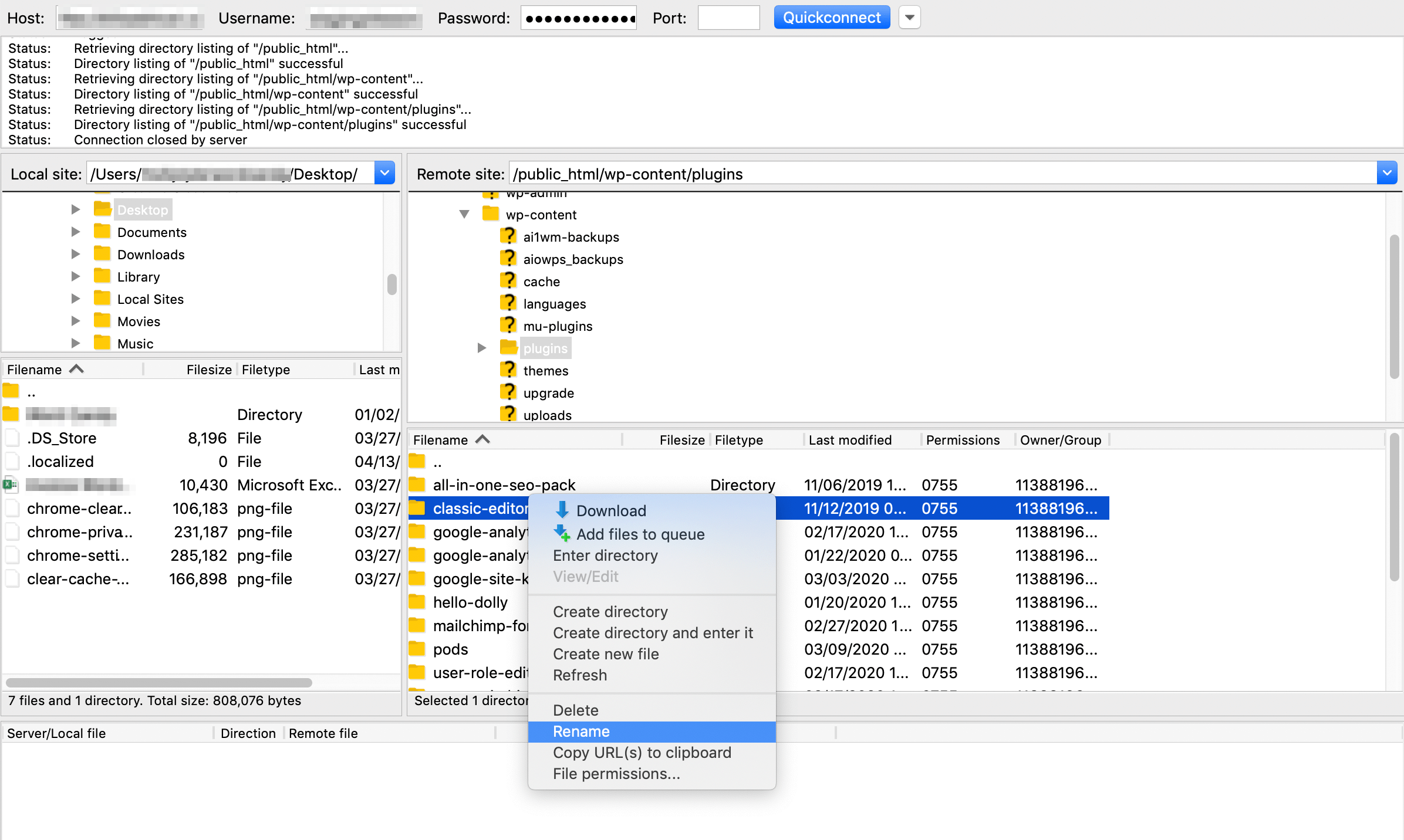 Renaming plugin folders via FTP.