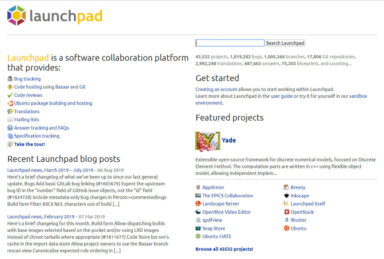 Front page of Launchpad.