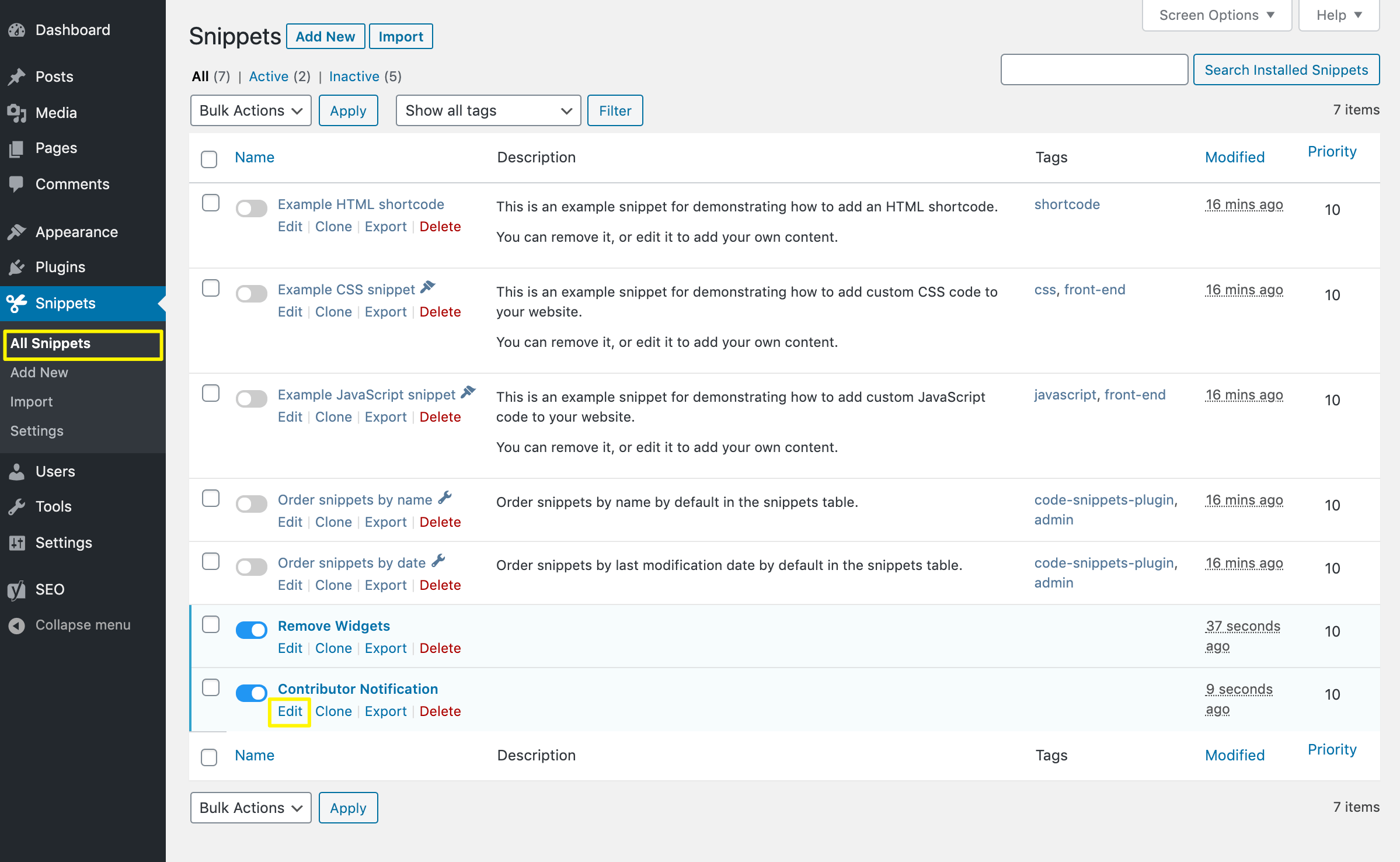 Editing a snippet in the Code Snippets plugin.