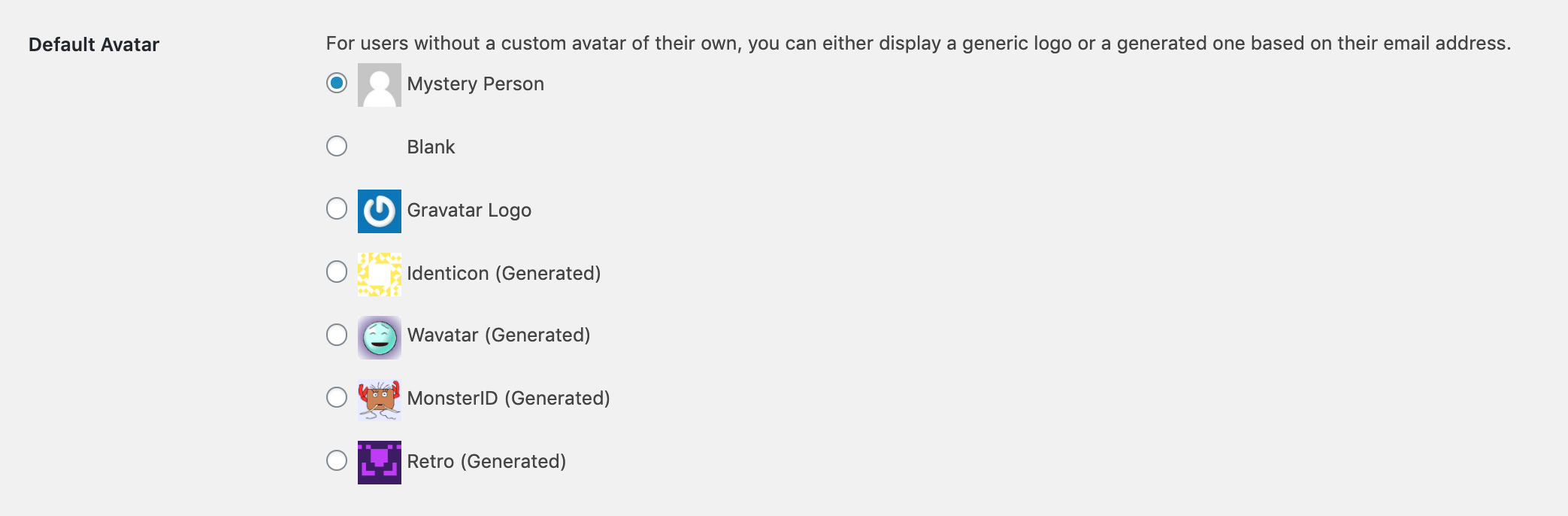 The default Gravatar options in WordPress.